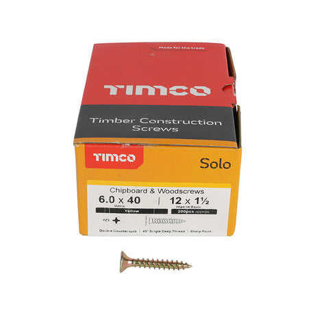 This is an image of Timco - Solo Chipboard & Woodscrews - PZ - Double Countersunk - Yellow 6.0 x 40mm - (200 PCS Box) 60040SOLOC