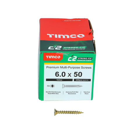 This is an image of Timco - C2 Strong-Fix Screws - PZ - Double Countersunk - Twin-Cut - Yellow 6.0 x 50mm - (200 PCS Box) 60050C2