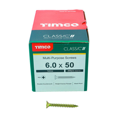 This is an image of Timco - Classic Multi-Purpose Screws - PZ - Double Countersunk - Yellow 6.0 x 50mm - (200 PCS Box) 60050CLAF