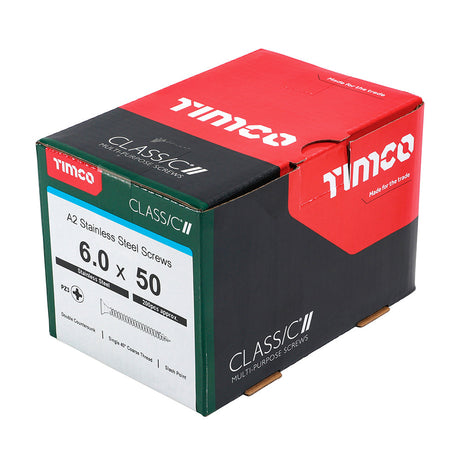 This is an image of Timco - Classic Multi-Purpose Screws - PZ - Double Countersunk - A2 Stainless Steel 6.0 x 50mm - (200 PCS Box) 60050CLASS