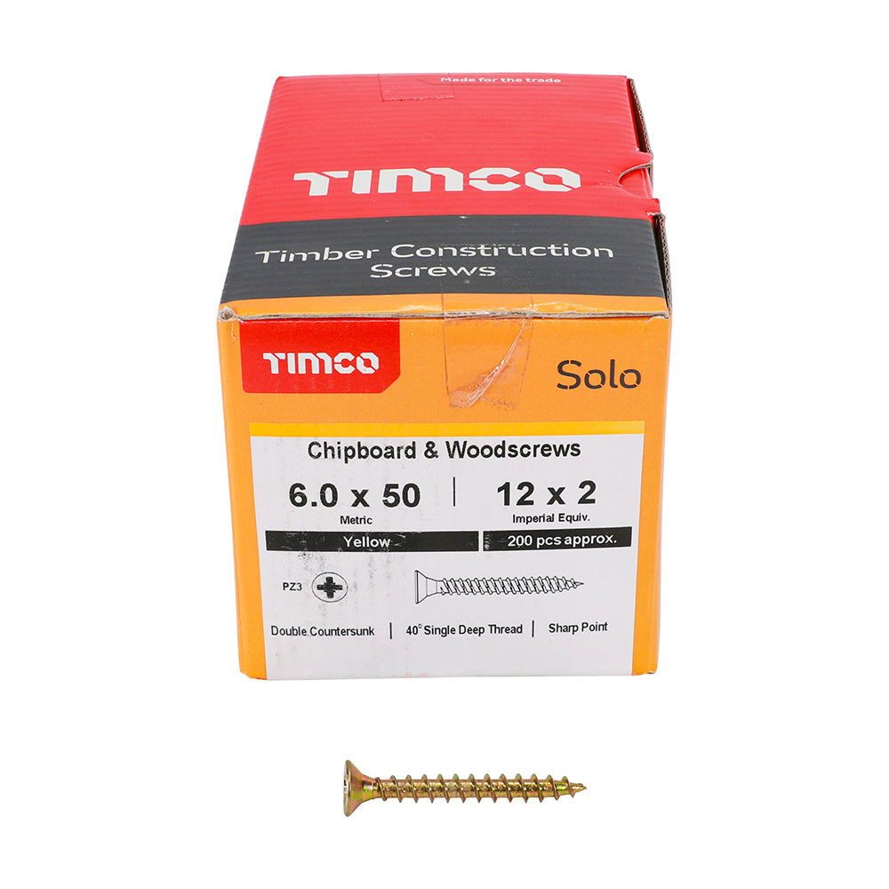 This is an image of Timco - Solo Chipboard & Woodscrews - PZ - Double Countersunk - Yellow 6.0 x 50mm - (200 PCS Box) 60050SOLOC