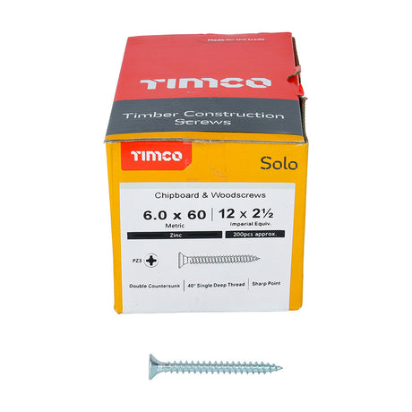 This is an image of Timco - Solo Chipboard & Woodscrews - PZ - Double Countersunk - Zinc 6.0 x 60mm - (200 PCS Box) 60060SOLOZ