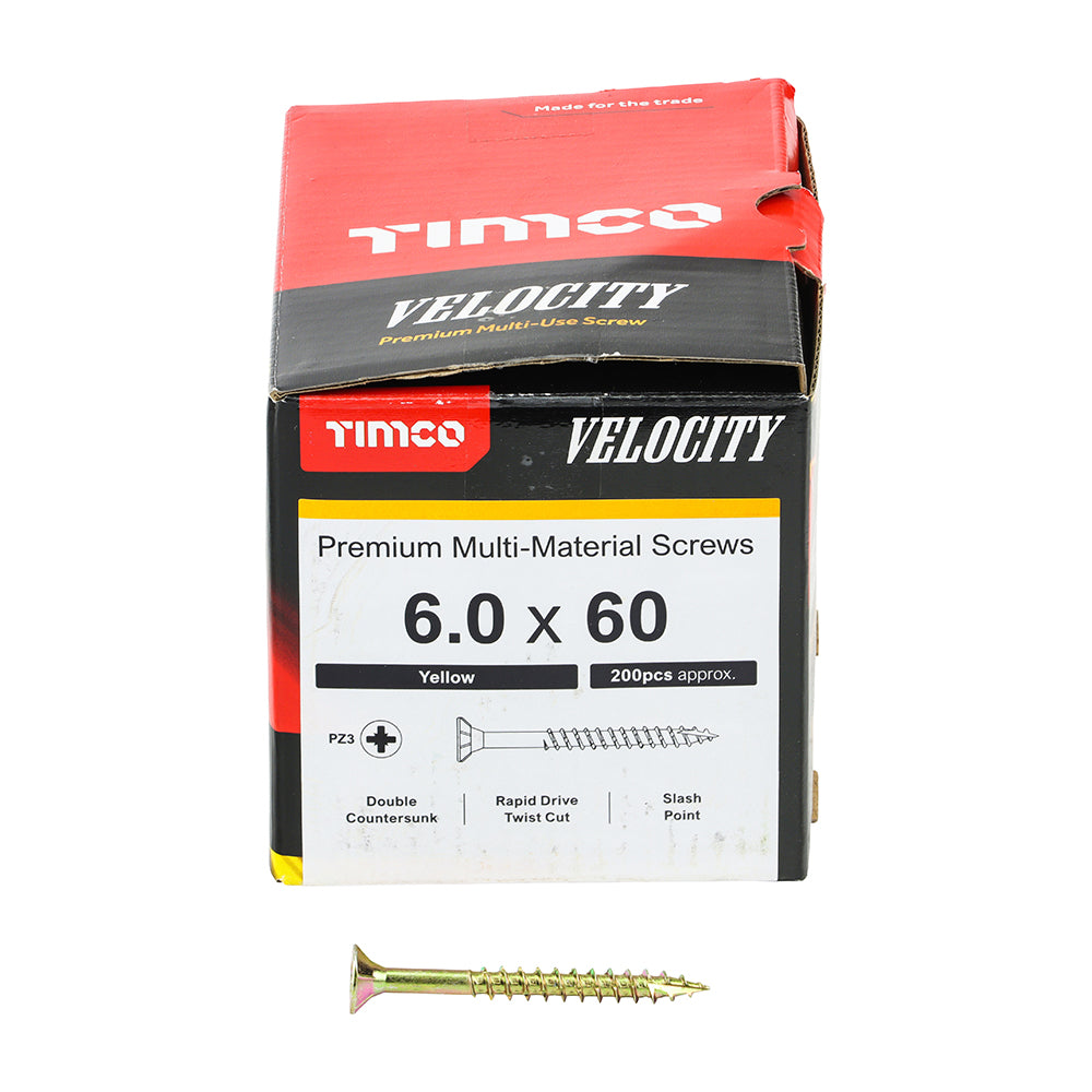 This is an image of Timco - Velocity Premium Multi-Use Screws - PZ - Double Countersunk - Yellow 6.0 x 60mm - (200 PCS Box) 60060VY