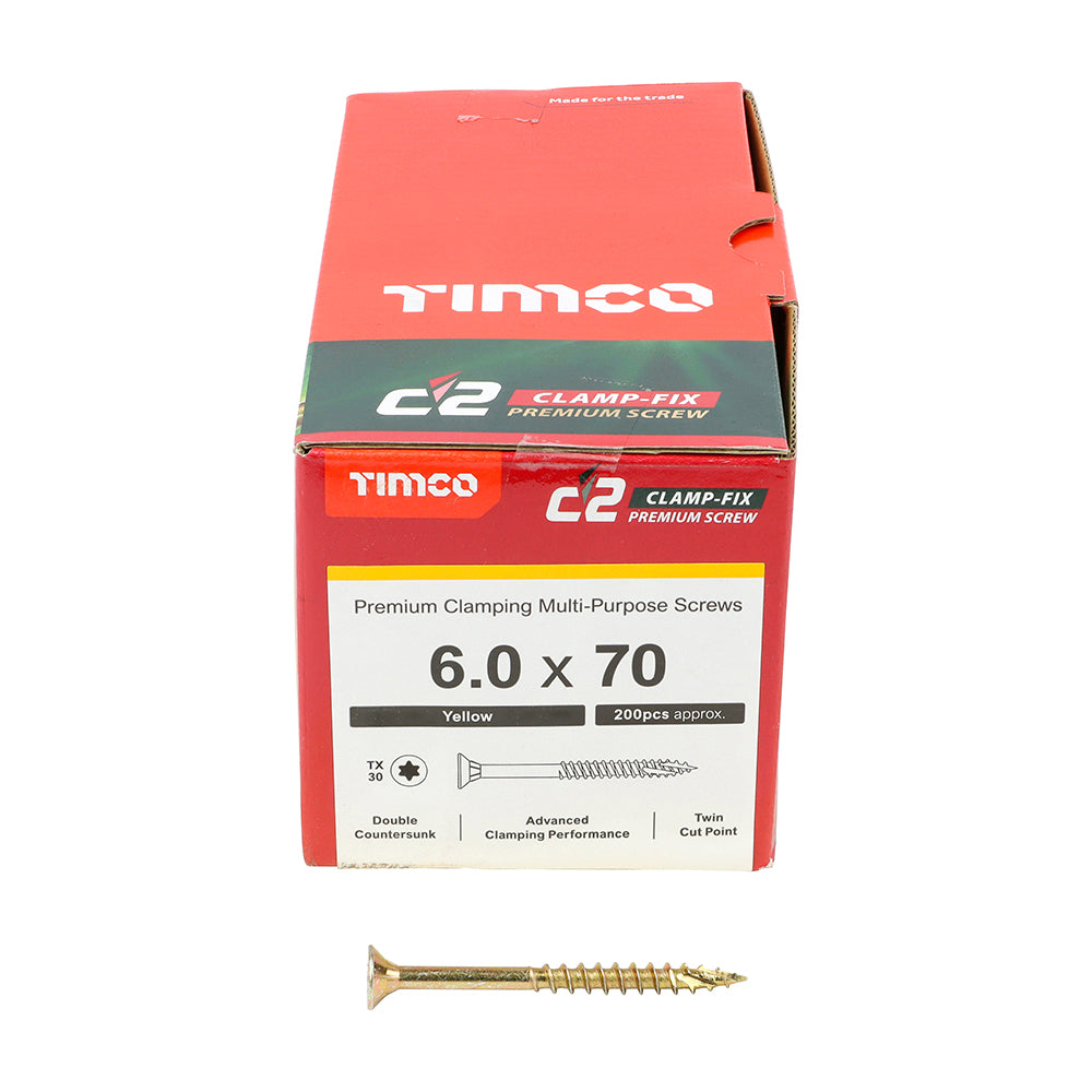 This is an image of Timco - C2 Clamp-Fix Screws - TX - Double Countersunk with Ribs - Twin-Cut - Yellow 6.0 x 70mm - (200 PCS Box) 60070C2C