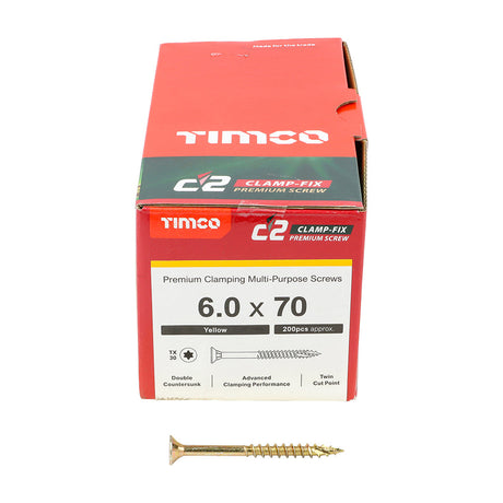This is an image of Timco - C2 Clamp-Fix Screws - TX - Double Countersunk with Ribs - Twin-Cut - Yellow 6.0 x 70mm - (200 PCS Box) 60070C2C