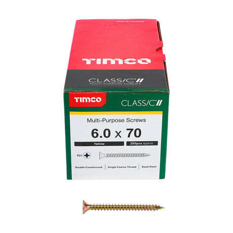 This is an image of Timco - Classic Multi-Purpose Screws - PZ - Double Countersunk - Yellow 6.0 x 70mm - (200 PCS Box) 60070CLAF