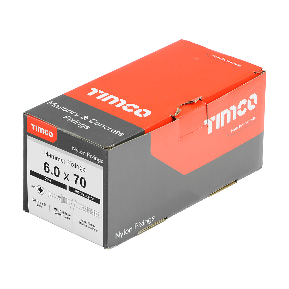 This is an image of Timco - Nylon Hammer Fixing - PZ - Zinc 6.0 x 70mm - (200 PCS Box) 60070HF