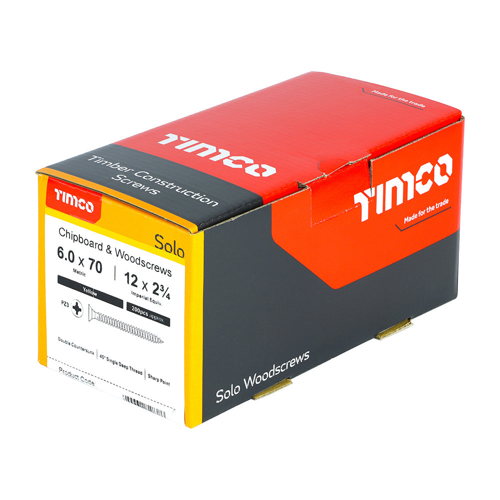 This is an image of Timco - Solo Chipboard & Woodscrews - PZ - Double Countersunk - Yellow 6.0 x 70mm - (200 PCS Box) 60070SOLOC