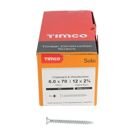 This is an image of Timco - Solo Chipboard & Woodscrews - PZ - Double Countersunk - Zinc 6.0 x 70mm - (200 PCS Box) 60070SOLOZ