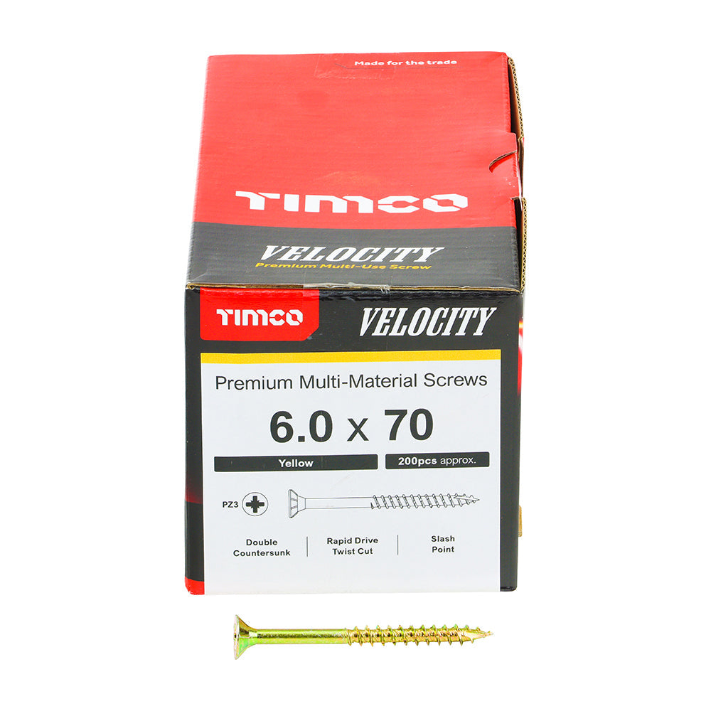 This is an image of Timco - Velocity Premium Multi-Use Screws - PZ - Double Countersunk - Yellow 6.0 x 70mm - (200 PCS Box) 60070VY