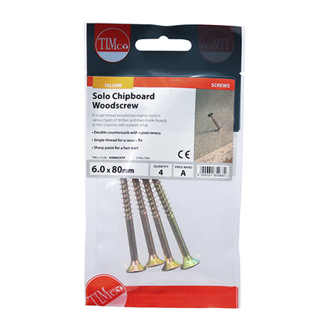 This is an image of Timco - Solo Woodscrews - PZ - Double Countersunk - Yellow 6.0 x 80mm - (4 PCS TIMpac) 60080CHYP