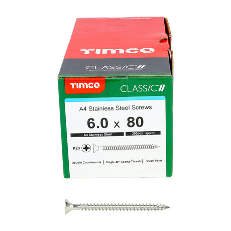This is an image of Timco - Classic Multi-Purpose Screws - PZ - Double Countersunk - A4 Stainless Steel 6.0 x 80mm - (200 PCS Box) 60080CLA4