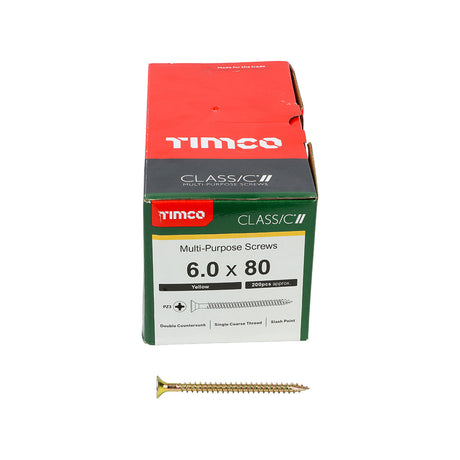 This is an image of Timco - Classic Multi-Purpose Screws - PZ - Double Countersunk - Yellow 6.0 x 80mm - (200 PCS Box) 60080CLAF