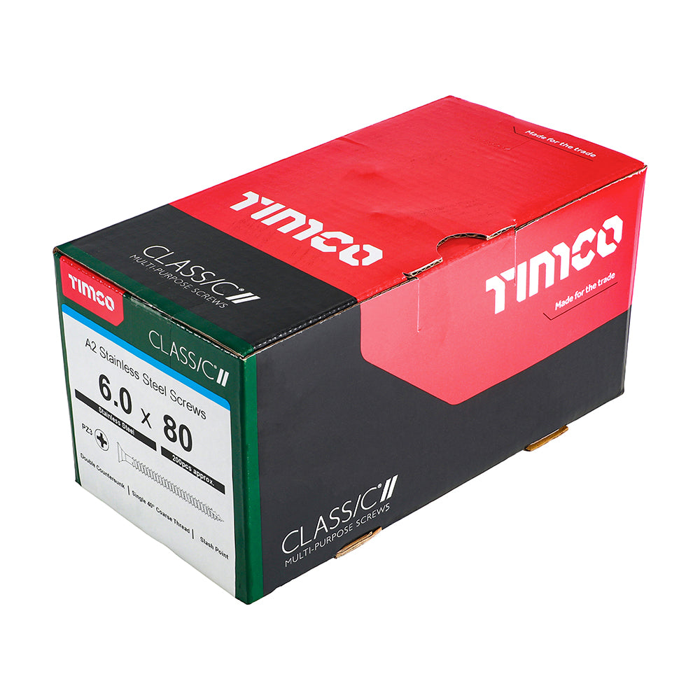 This is an image of Timco - Classic Multi-Purpose Screws - PZ - Double Countersunk - A2 Stainless Steel 6.0 x 80mm - (200 PCS Box) 60080CLASS