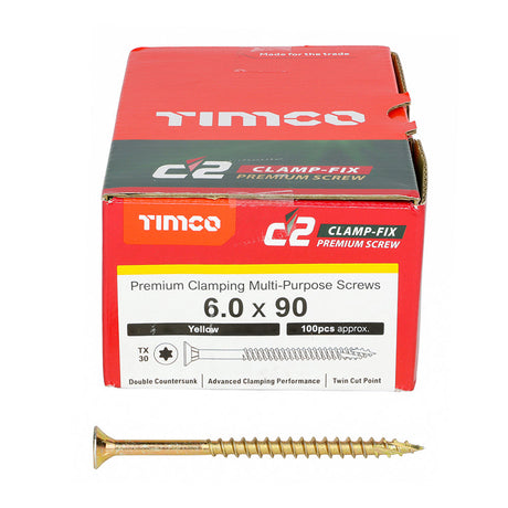 This is an image of Timco - C2 Clamp-Fix Screws - TX - Double Countersunk with Ribs - Twin-Cut - Yellow 6.0 x 90mm - (100 PCS Box) 60090C2C