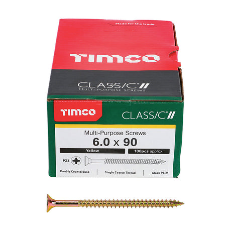 This is an image of Timco - Classic Multi-Purpose Screws - PZ - Double Countersunk - Yellow 6.0 x 90mm - (100 PCS Box) 60090CLAF