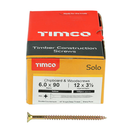This is an image of Timco - Solo Chipboard & Woodscrews - PZ - Double Countersunk - Yellow 6.0 x 90mm - (100 PCS Box) 60090SOLOC
