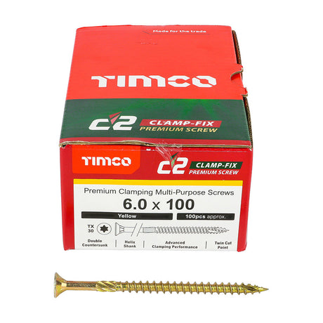This is an image of Timco - C2 Clamp-Fix Screws - TX - Double Countersunk with Ribs - Twin-Cut - Yellow 6.0 x 100mm - (100 PCS Box) 60100C2C