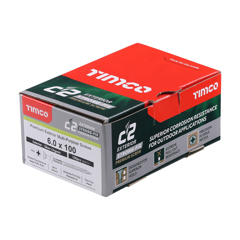 This is an image of Timco - C2 Exterior Strong-Fix Screws - PZ - Double Countersunk with Ribs - Twin-Cut - Silver 6.0 x 100mm - (100 PCS Box) 60100C2SBX