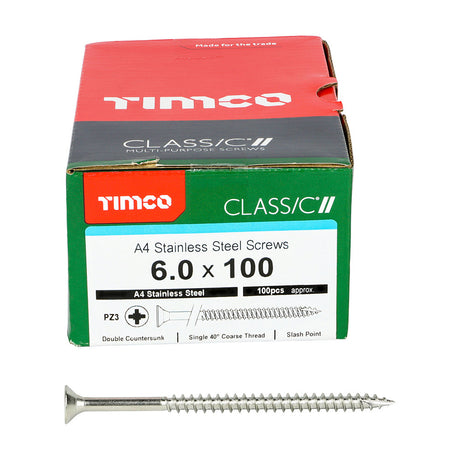This is an image of Timco - Classic Multi-Purpose Screws - PZ - Double Countersunk - A4 Stainless Steel 6.0 x 100mm - (100 PCS Box) 60100CLA4