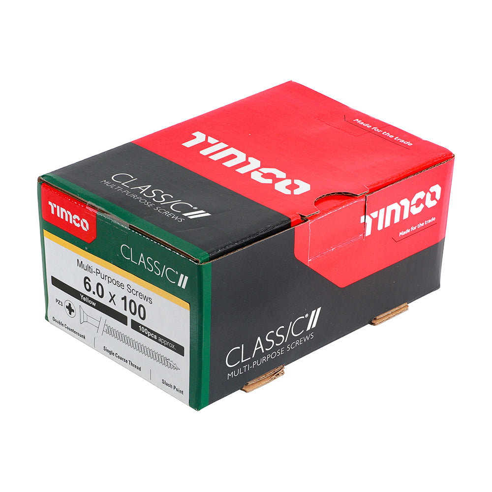 This is an image of Timco - Classic Multi-Purpose Screws - PZ - Double Countersunk - Yellow 6.0 x 100mm - (100 PCS Box) 60100CLAF