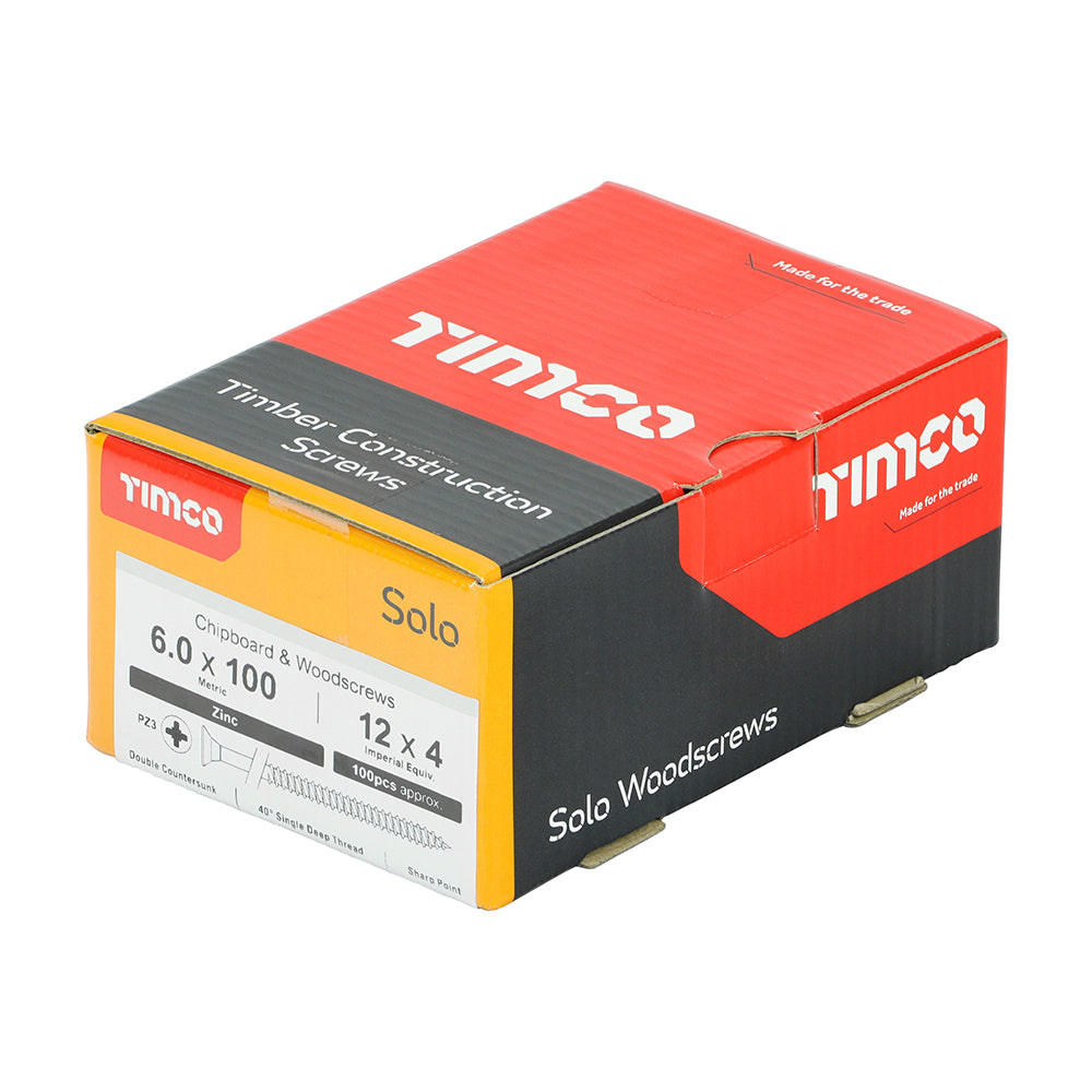 This is an image of Timco - Solo Chipboard & Woodscrews - PZ - Double Countersunk - Zinc 6.0 x 100mm - (100 PCS Box) 60100SOLOZ