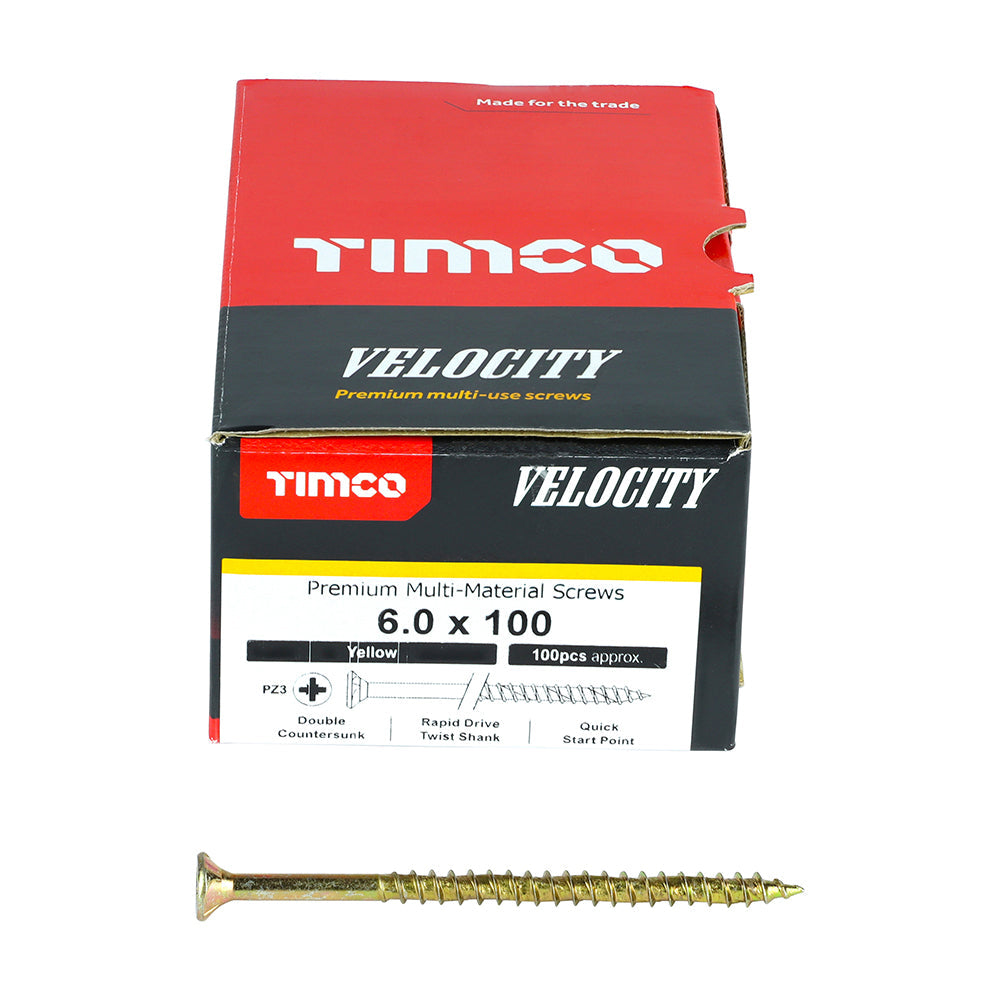 This is an image of Timco - Velocity Premium Multi-Use Screws - PZ - Double Countersunk - Yellow 6.0 x 100mm - (100 PCS Box) 60100VY