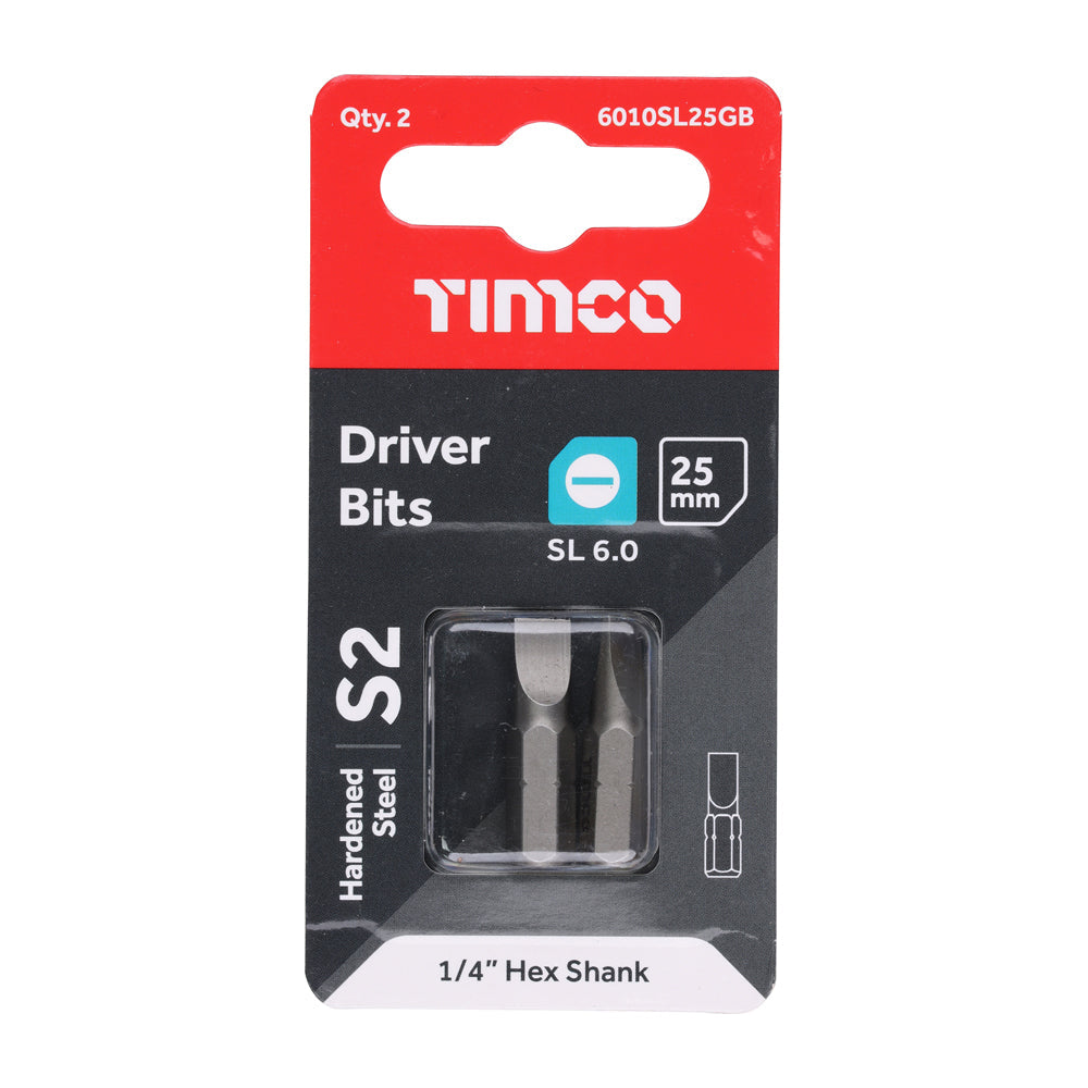 This is an image of Timco - S2 Driver Bits - SL 6.0 x 1.0 x 25 (2 Pieces Blister Pack) 6010SL25GB