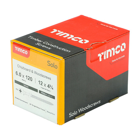 This is an image of Timco - Solo Chipboard & Woodscrews - PZ - Double Countersunk - Yellow 6.0 x 120mm - (100 PCS Box) 60120SOLOC
