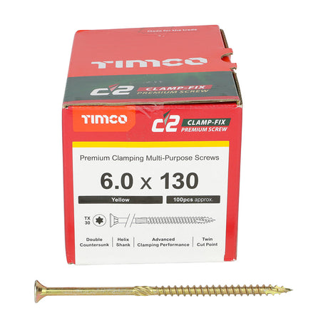 This is an image of Timco - C2 Clamp-Fix Screws - TX - Double Countersunk with Ribs - Twin-Cut - Yellow 6.0 x 130mm - (100 PCS Box) 60130C2C