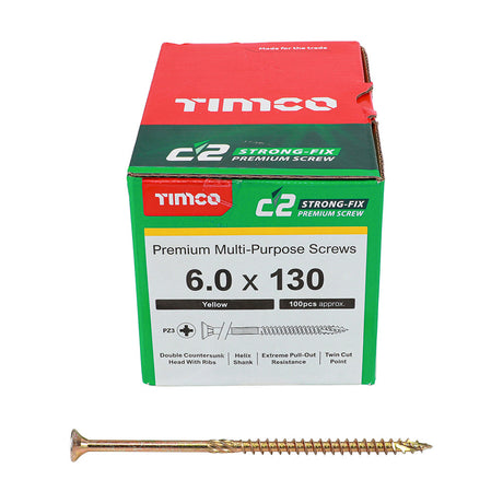 This is an image of Timco - C2 Strong-Fix Screws - PZ - Double Countersunk - Twin-Cut - Yellow 6.0 x 130mm - (100 PCS Box) 60130C2