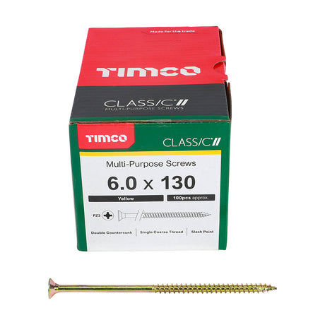 This is an image of Timco - Classic Multi-Purpose Screws - PZ - Double Countersunk - Yellow 6.0 x 130mm - (100 PCS Box) 60130CLAF