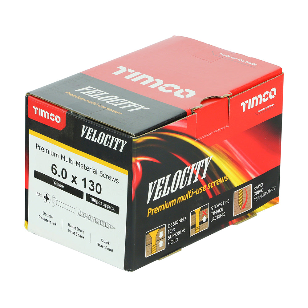 This is an image of Timco - Velocity Premium Multi-Use Screws - PZ - Double Countersunk - Yellow 6.0 x 130mm - (100 PCS Box) 60130VY
