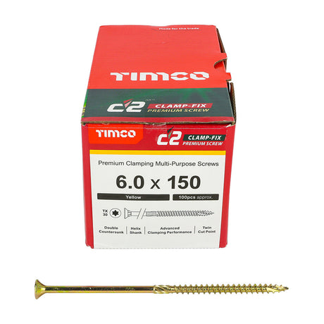 This is an image of Timco - C2 Clamp-Fix Screws - TX - Double Countersunk with Ribs - Twin-Cut - Yellow 6.0 x 150mm - (100 PCS Box) 60150C2C
