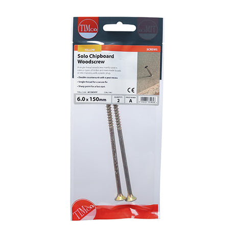This is an image of Timco - Solo Woodscrews - PZ - Double Countersunk - Yellow 6.0 x 150mm - (2 PCS TIMpac) 60150CHYP