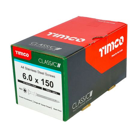 This is an image of Timco - Classic Multi-Purpose Screws - PZ - Double Countersunk - A4 Stainless Steel 6.0 x 150mm - (100 PCS Box) 60150CLA4
