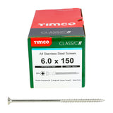 This is an image of Timco - Classic Multi-Purpose Screws - PZ - Double Countersunk - A4 Stainless Steel 6.0 x 150mm - (100 PCS Box) 60150CLA4