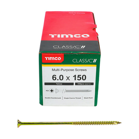 This is an image of Timco - Classic Multi-Purpose Screws - PZ - Double Countersunk - Yellow 6.0 x 150mm - (100 PCS Box) 60150CLAF