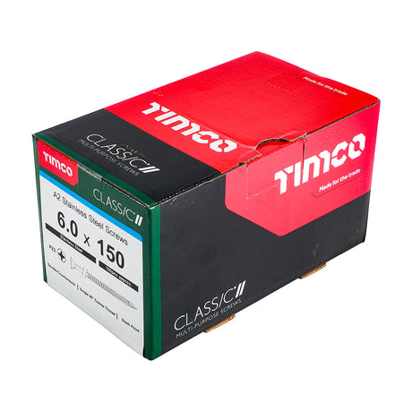 This is an image of Timco - Classic Multi-Purpose Screws - PZ - Double Countersunk - A2 Stainless Steel 6.0 x 150mm - (100 PCS Box) 60150CLASS