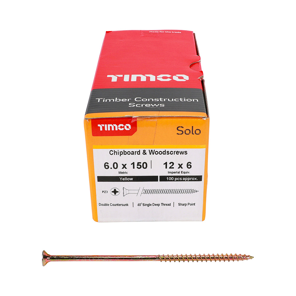 This is an image of Timco - Solo Chipboard & Woodscrews - PZ - Double Countersunk - Yellow 6.0 x 150mm - (100 PCS Box) 60150SOLOC