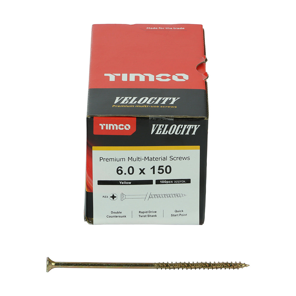 This is an image of Timco - Velocity Premium Multi-Use Screws - PZ - Double Countersunk - Yellow 6.0 x 150mm - (100 PCS Box) 60150VY