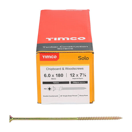 This is an image of Timco - Solo Woodscrews - PZ - Double Countersunk - Yellow 6.0 x 180mm - (100 PCS Box) 60180SOLOC