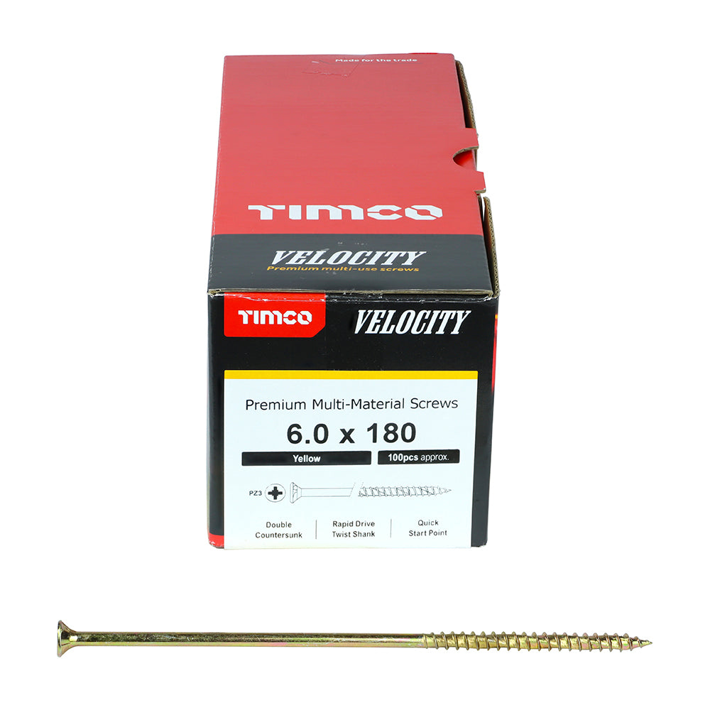 This is an image of Timco - Velocity Premium Multi-Use Screws - PZ - Double Countersunk - Yellow 6.0 x 180mm - (100 PCS Box) 60180VY