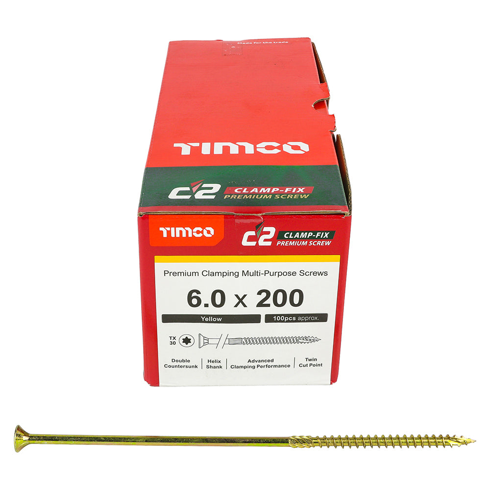 This is an image of Timco - C2 Clamp-Fix Screws - TX - Double Countersunk with Ribs - Twin-Cut - Yellow 6.0 x 200mm - (100 PCS Box) 60200C2C