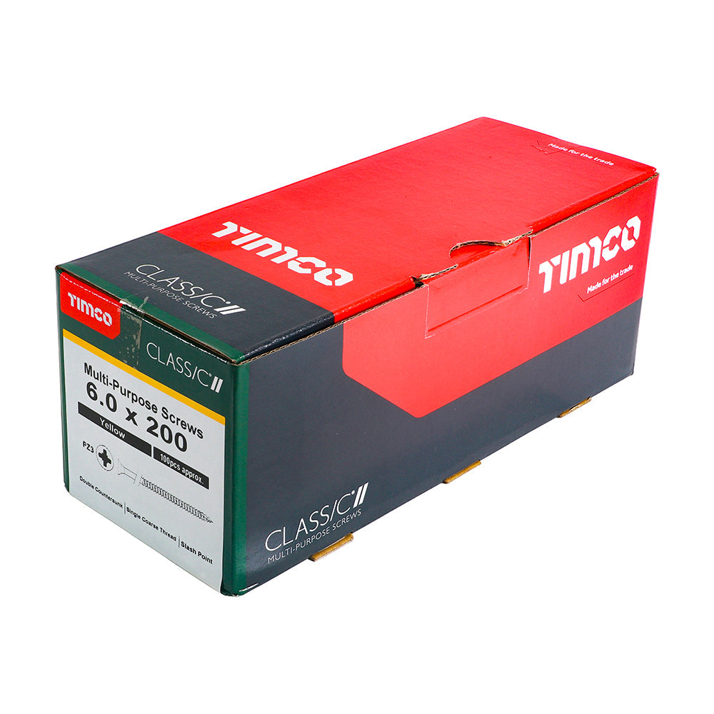 This is an image of Timco - Classic Multi-Purpose Screws - PZ - Double Countersunk - Yellow 6.0 x 200mm - (100 PCS Box) 60200CLAF
