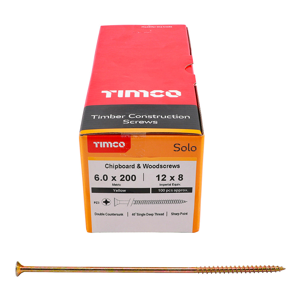 This is an image of Timco - Solo Chipboard & Woodscrews - PZ - Double Countersunk - Yellow 6.0 x 200mm - (100 PCS Box) 60200SOLOC