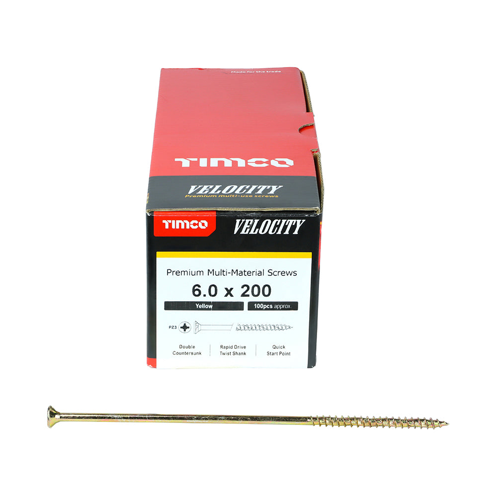 This is an image of Timco - Velocity Premium Multi-Use Screws - PZ - Double Countersunk - Yellow 6.0 x 200mm - (100 PCS Box) 60200VY