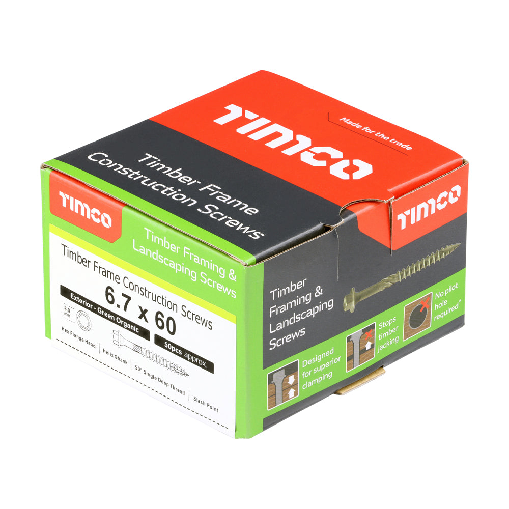 This is an image of Timco - Timber Frame Construction & Landscaping Screws - Hex - Exterior - Green Organic 6.7 x 60mm - (50 PCS Box) 60IN