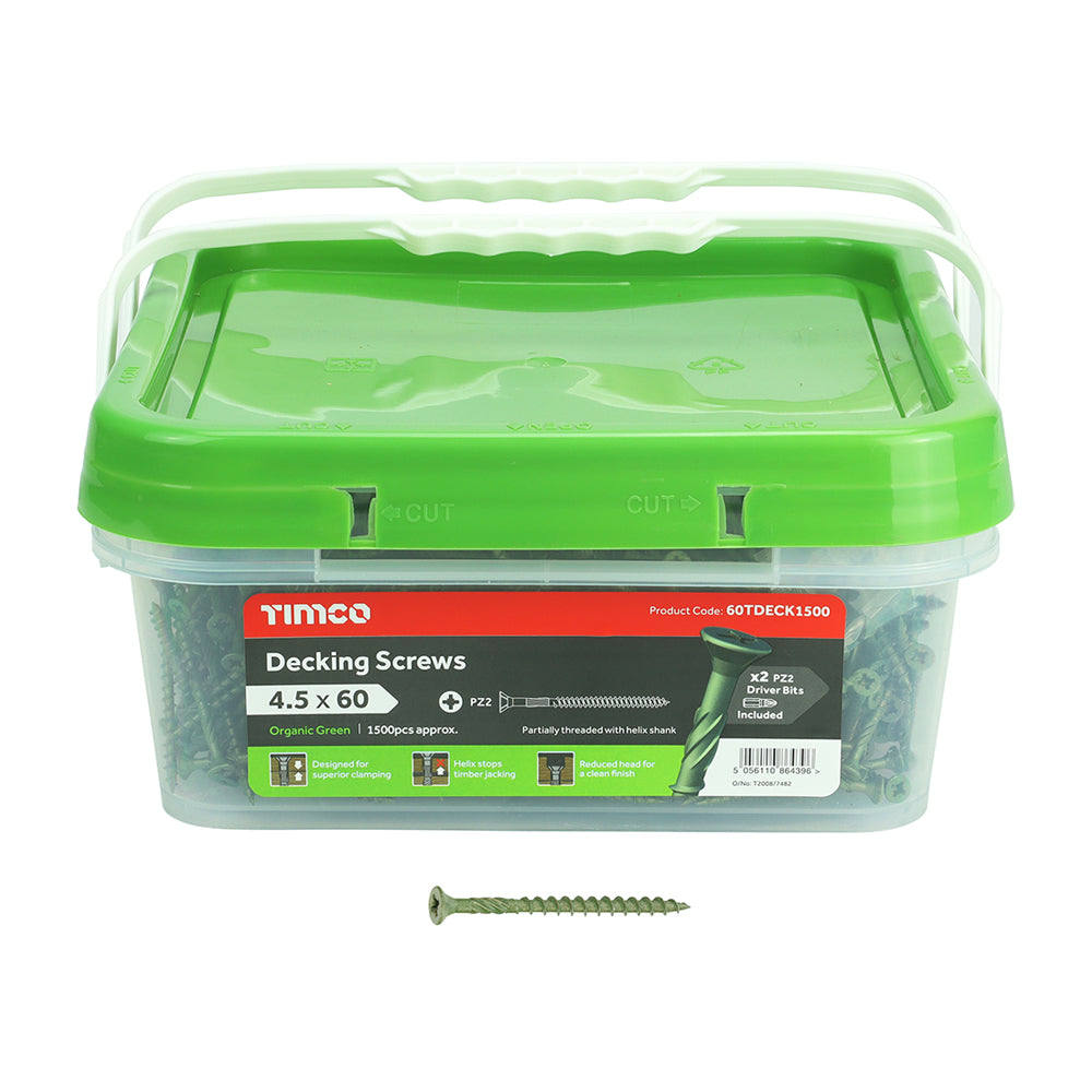 This is an image of Timco - Decking Screws - PZ - Double Countersunk - Exterior - Green 4.5 x 60mm - (1500 PCS Tub) 60TDECK1500