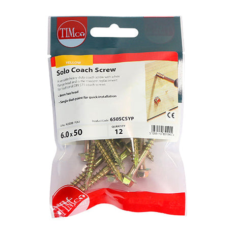 This is an image of Timco - Solo Coach Screws - Hex Flange - Yellow 6.0 x 50mm - (12 PCS TIMpac) 650SCSYP